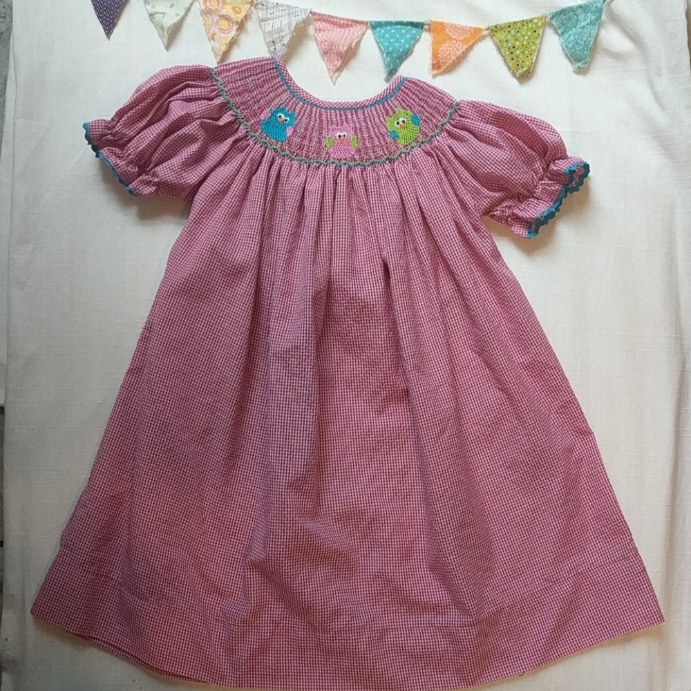 🌺🦉Smocked owl pink and blue dress so cute! 🦉🌺